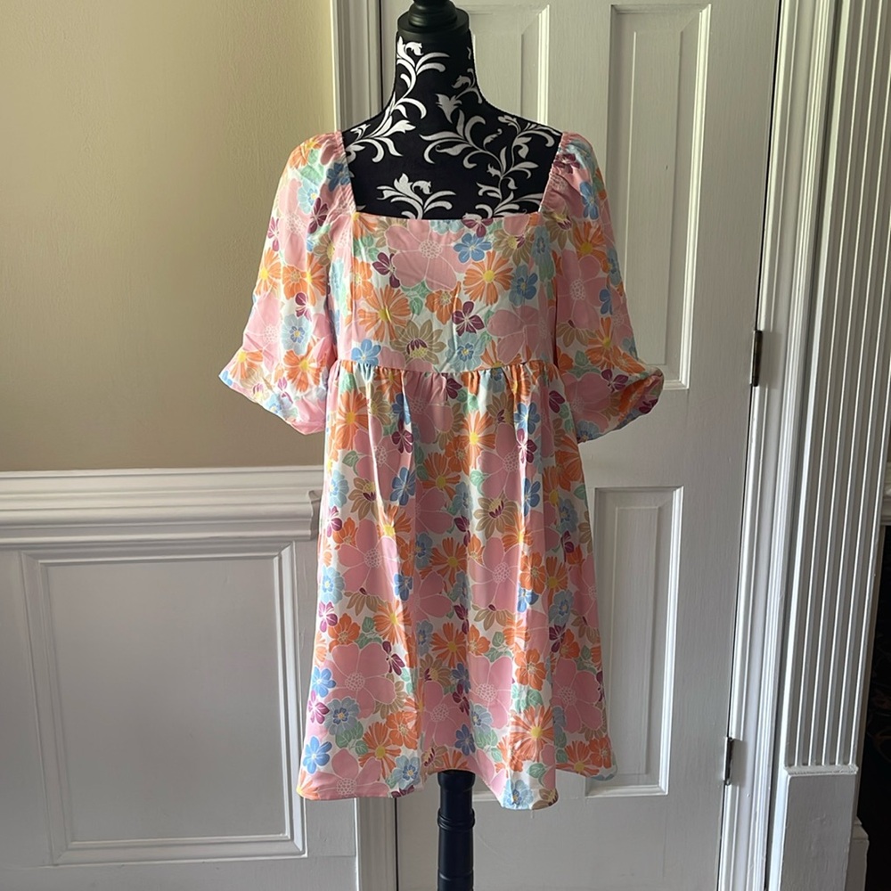 Floral Print Square Neck Babydoll Dress